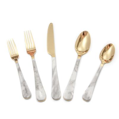 China Sustainable Stainless Steel Hotel Restaurant Plastic Flat Handle Dinnerware Set Optical Gold Marble Cutlery for sale