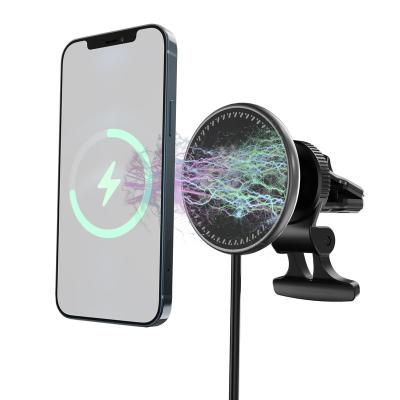 China Microphone 15W Aluminum Alloy Car Magnetic Mount Car Wireless Charger for iPhone12/13 for sale