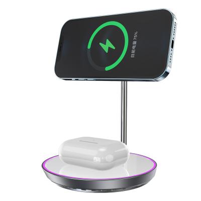 China Mobile Phone Charging 2 in 1 Dual Magnetic Wireless Charging 15W Stand for iPhone 12/13 for AirPods. Magnetic Wireless Charger Phone Holder for sale