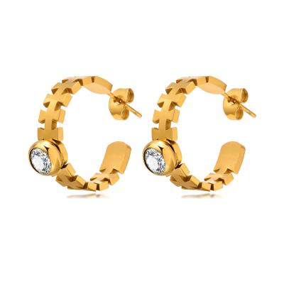 China European New Arrival Lead Free Nickel Free Emerald C Circle Gold Plating Stainless Steel Fish Bone Zircon Circle Earrings for sale