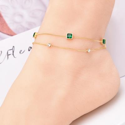 China Fashion 18k Gold Lead Free Nickel Free Korean Double Layered Emerald Zircon Anklet Stainless Steel Green Zircon Anklet for sale