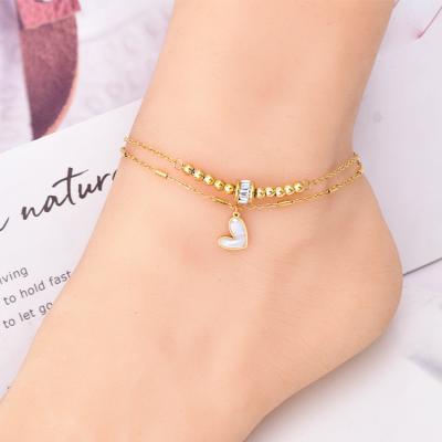 China Lead Free Nickel Free None Cubic Zircon Pendant Shell Heart Anklet For Girls Fade Stainless Steel Heart Anklet Chain Gold Plating Zircon Beaded for sale