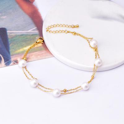 China 2023 summer double design bead charm anklet chain stainless steel layered bead anklet lead free nickel free for sale