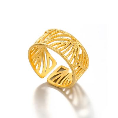 China 2023 Cavity Nickel Free Lead Free Leaf Stainless Steel Statement Jewelry Ring Gold Plated Layered Leaf Open Adjustable Ring for sale