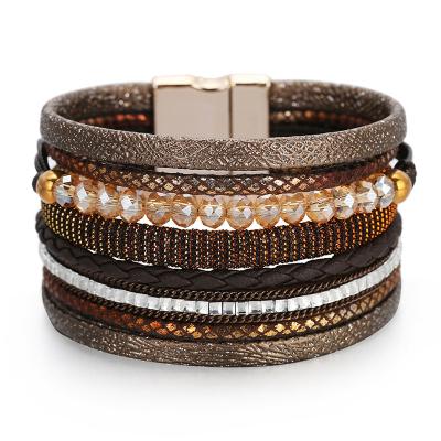 China Hotsale Lead Free Nickel Free Bohemian Multi Bands Bracelet Boho Genuine Leather Ethnic Seed Beads Magnetic Clasp Leather Bracelet for sale