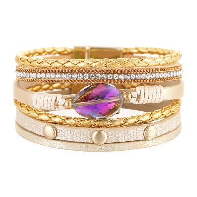 China Colorful Gold Plated Magnetic Clasp Cuff Bracelet Multilayer Leather Bracelet Lead Free Boho Crystal Charm Leather Cuff Bracelets for sale