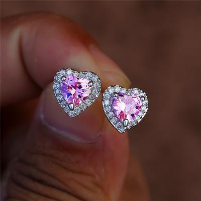 China Beautiful Fashion Nickel Free Lead Free Design Colored Full Cubic Zircon Love Heart Cubic Zircon Heart Stud Earrings Pink Heart Stud Earrings for sale