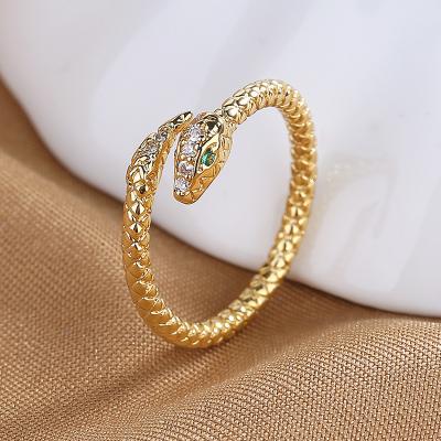 China Fancy Design 18K Gold Plating Zircon Shiny Snake Lead Free Nickel Opening Ring Green Zircon Snake Adjustable Ring for sale