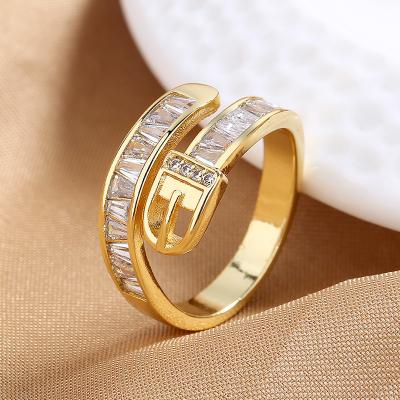 China 2023 New Creative Cubic Zircon Belt Lead Free Nickel Free Adjustable Square Ring 18K Gold Plating Zircon Opening Square Ring for sale