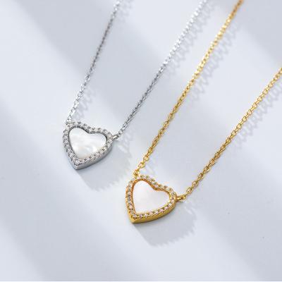 China New Arrival Real Gold Plating White Heart Nickel Free Shell Heart Necklace S925 Sterling Silver Cubic Zircon Love Pendant Necklace for sale