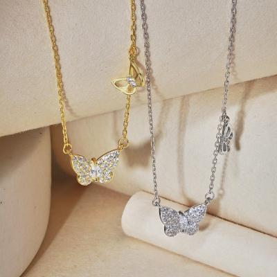 China Fashion Lead Free Cubic Zircon Butterfly Necklace Gold Plating Nickel Free Shape Full CZ Silver Bling Butterfly Necklace for sale