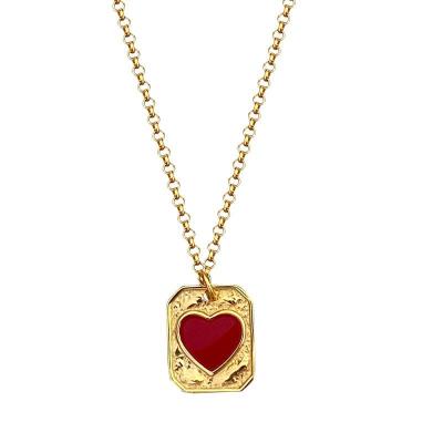 China INS Fashion 18K Nickel Free Lead Free Real Gold Plated Silver Textured Love Heart Necklace S925 Silver Red Heart Tags Pendant Necklace for sale