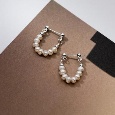 China New S925 Women's Nickel Free Lead Free Silver Freshwater Pearl Circle Earring High Quality Natural Pearl Irregular Beaded Clip On Circle Earring for sale