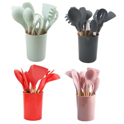 China Viable Wholesale 12 Pieces in 1 Set Silicone Kitchen Cooking Tools Stand Up Kitchen Tableware BBQ Eco Silicone Wooden Kitchen Utensils for sale