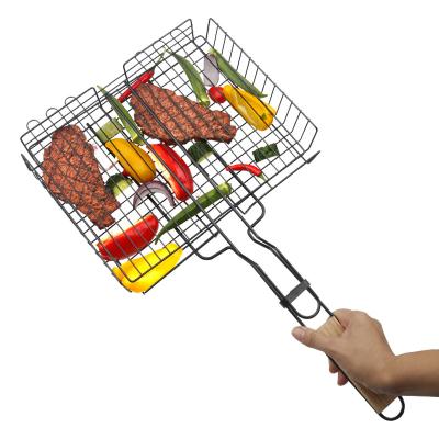 China Easily Cleaned Net Wooden BBQ Handle BBQ Tool Grilled Fish Portable Stainless Steel BBQ Grilling Basket BBQ Accessory for sale