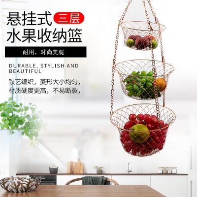 China 3 Tiers Metal Sturdy Chain Hanging Hook and Detachable Round Interlocking Iron Wire Fruit Kitchen Vegetable Storage Hanging Basket for sale