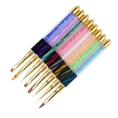 China High Quality Eco-friendly Beauty Nail Painting Nail Art Tools Set Gold Plated Handle 8Pcs Pen Brush Professional Glitter Rhinestone for sale