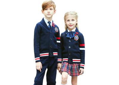 China Primary School Cardigan Sweaters And Plaid Skirts Kits Polyester / Cotton Material for sale