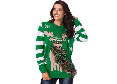 China British Style Ugly Christmas Sweater Green Round Neck Animal Elk Pattern for sale