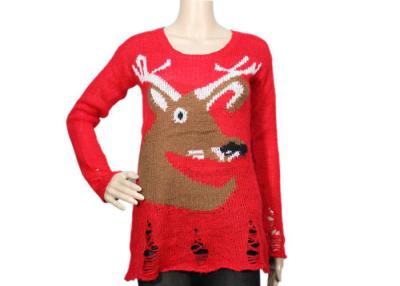 China Red Long Womens Knit Sweater Reindeer Head Pattern Christmas Pullover For Spring for sale