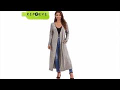 Grey V Collar Sustainable Recycled Polyester Knitted Women Long Cardigan For Autumn