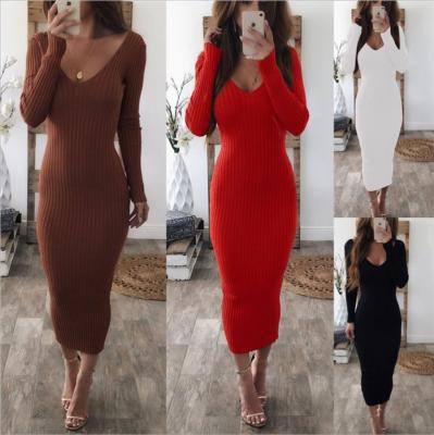 China Wholesale Fashion Breathable Ladies Striped Elegant V-Neck Tight Casual Dresses Ladies Sexy Slim Fit Ladies Dresses for sale