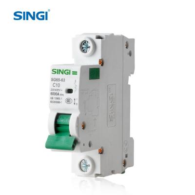 China PA66 Singi SG65-63 1P Performance Green And White 6kA 230/400V Mini Circuit Breaker for sale