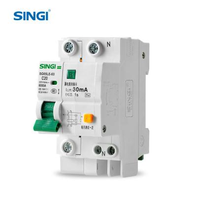 China PA66 Singi SG65LE-63 1P+N elco circuit breaker mcb 6000A breaking capacity rcbo 30ma for sale