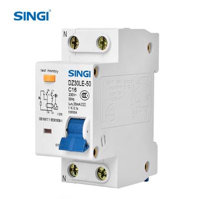 China PA66 Singi DZ30LE-50 1P+N factory price elcb earth leakage circuit breaker 30ma rccb for sale