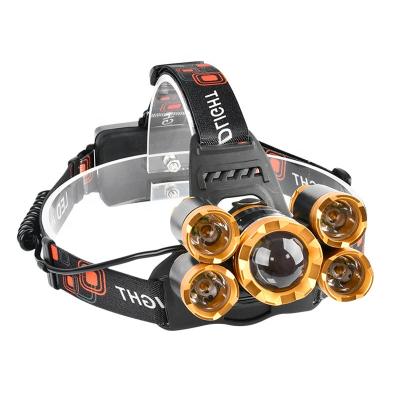 China Head Moving 5LED Zoom Head Lamp Aluminum Alloy Long Range Lightweight Super Bright Waterproof Rechargeable Headlamp Good Quality For Camping for sale