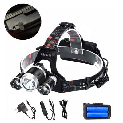 China Powerful Waterproof 3LED Headtorch, DC Head Light 2000 Lumens Moving Head Light Rotary Zoom Rechargeable Lamp Led Headlamp With 3 Heads For Camping for sale