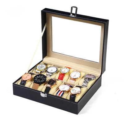 China Custom Logo Watch Packaging Box Wooden With Lock Storage PU Leather Boxes With Sewing Lines for sale