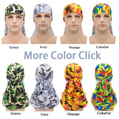 China DecorateÂ   Wholesale Colorful Camouflage Headwear Polyester Satin Durag Bandana Long Durag For Unisex for sale