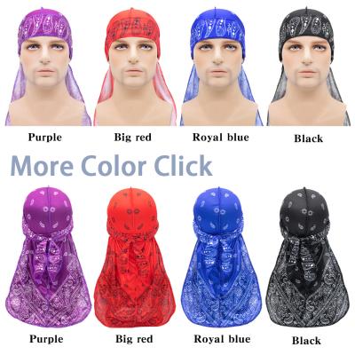 China DecorateÂ   Wholesale Long Tail The Custom Bandana Durag Logo Pattern Colored Silky Paisley Durags For Unisex for sale