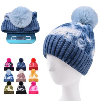 China COMMON Outdoor Warm Tie Dye Pom Pom Beanie Winter Beanie Women Cute Headwear Winter Hats For Female for sale