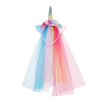 China Fashion Glitter Cat Ears Rainbow Unicorn Headbands With Long Tulle Party Unicorn Hair Accessories Girls Latest Headband for sale