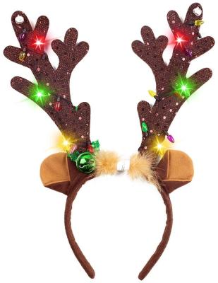 China Fashion Reindeer Ears Antler Headband LED Deer Headband With Bells Light Up Headbands Christmas Head Bands for sale