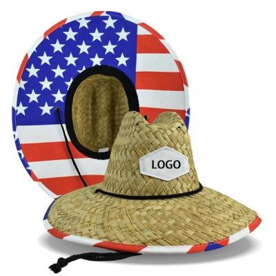 China Breathable Custom Wide Brim Cowboy American Flag UPF 50+ Beach Sun Hat Natural Grass Lifeguard Surf Straw Hats For Kids Women Men for sale