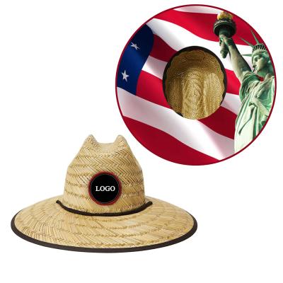 China Cavity Grass American Flag Breathable Custom Hats Printed Woven Hat Straw With Chin Strap Beach Lifeguard Straw Hat for sale