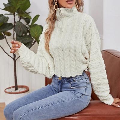 China Anti-Wrinkle Casual Long Sleeve Batwing Zipper Half Sleeve Placket Beige Cable Knit Sweater for sale