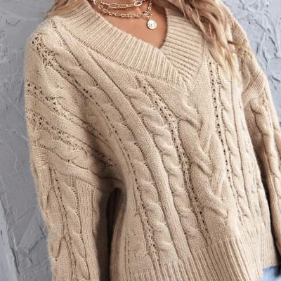 China Anti-wrinkle v-neck sleeve cable along casual khaki drop shoulder knit oversized v-neck sweater for sale