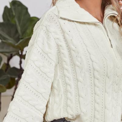 China Casual Beige Anti-Wrinkle Drop Shoulder Rib-knit High Neck Drop Shoulder Pullovers Sweater for sale