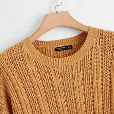 China Anti-Wrinkle Casual Mustard Yellow Round Neck Drop Shoulder Cable Knit Pullovers Sweater for sale