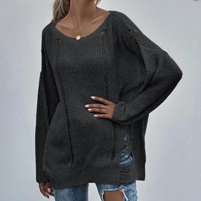 China anti-wrinkle casual dark gray spoon-neck drop-shoulder long sleeve polyester ripped oversized sweater for sale