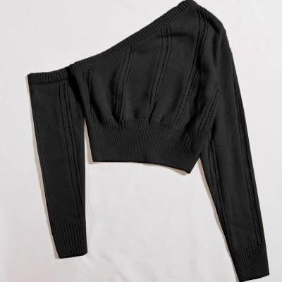 China Anti-Wrinkle Casual Black Long Sleeve Asymmetric Neck Short High Neck Sweater for sale