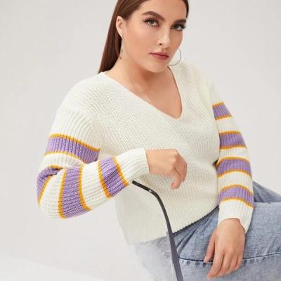 China Casual Anti-Wrinkle Plus V-Neck Beige Color Matching Drop-Shoulder Stripes Pullover Long Sleeve Sweater for sale