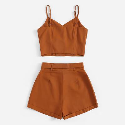 China Anti-pilling Fashion Solid Button Front Cami Top Summer Wear With Shorts Women Belted Two Piece Set for sale