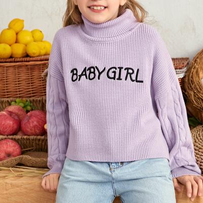 China Anti-pilling Girls Rolled Neck Letter Embroidered Cable Knit Sleeve Sweater Turtle Neck Pullover Stretch Fabric Lightweight for sale