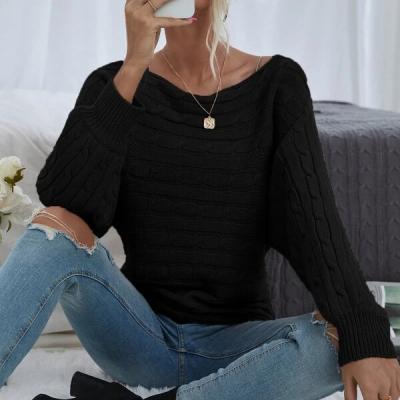 China Casual Anti-wrinkle Boat Neck Bat Sleeve Black Cable Knit Pullover Autumn Sweater for sale