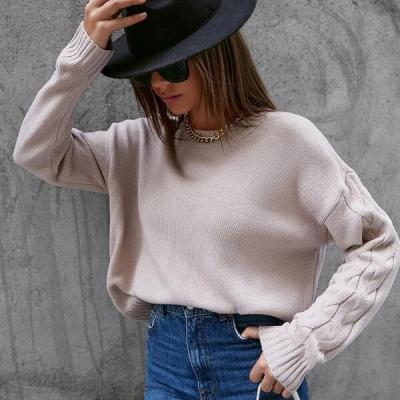 China Anti-Wrinkle Apricot Casual Oversized Long Sleeve Drop Shoulder Polyester Pullover Cable Knit Sweater for sale